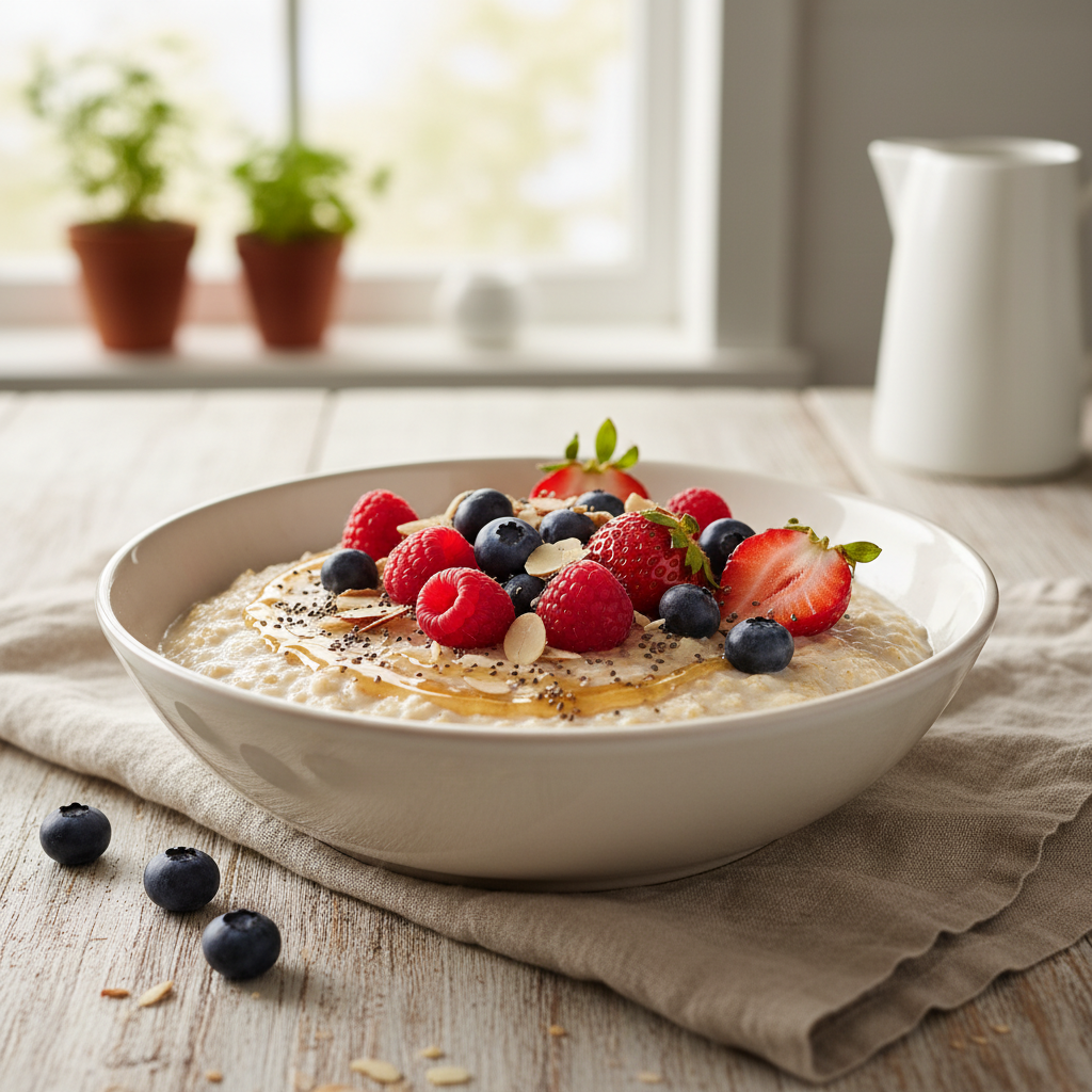 En skål med färska bär och havregryn