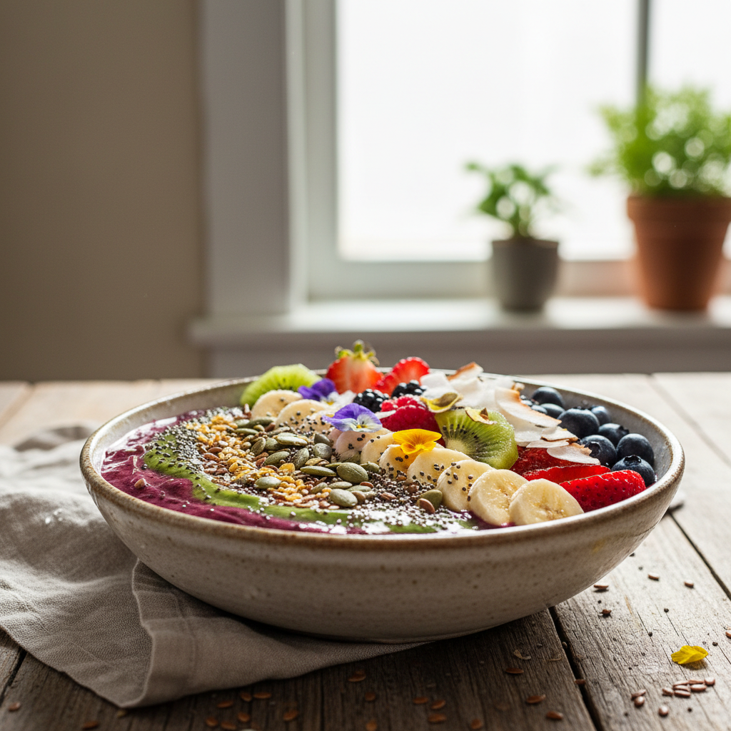 En tallrik med en färgglad, näringsrik smoothie bowl med frön och frukt, under naturligt ljus.