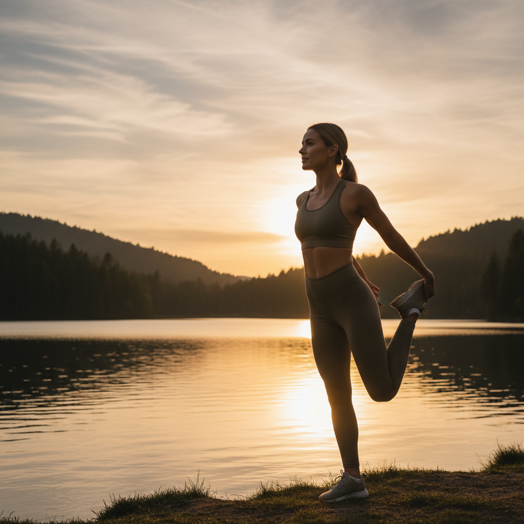En person som utför lätta sträckningsövningar vid en sjö under solnedgången, fokuserad och lugn.