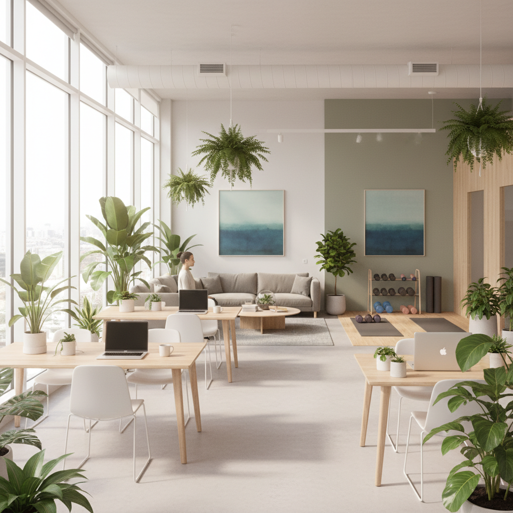 En bild på en lugn, modern arbetsplats med växter och naturligt ljus, symboliserande balans mellan arbete och välbefinnande.