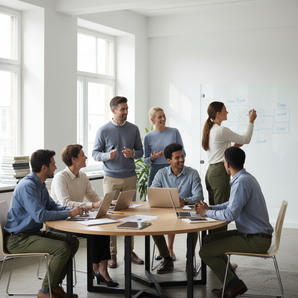 En bild på en grupp människor som samarbetar i en lugn, ljus miljö, symboliserande kunskapsdelning och gemenskap.