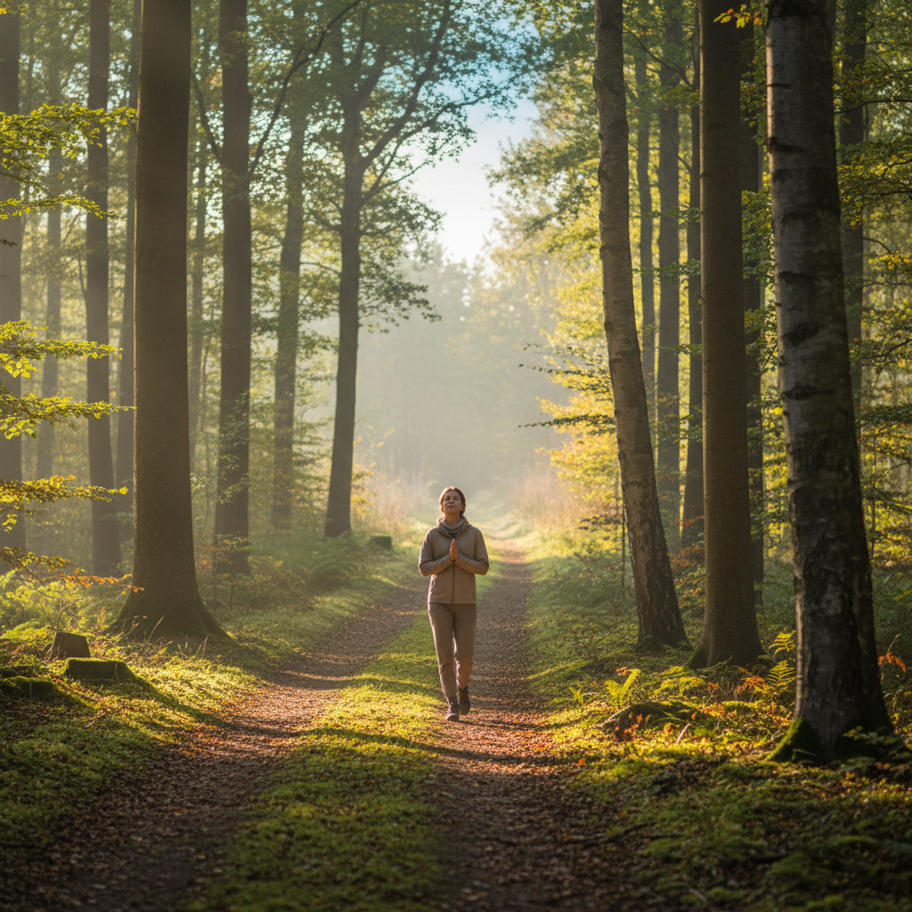 En lugn morgonpromenad i skogen, symboliserande balans och ett medvetet steg in i dagen.