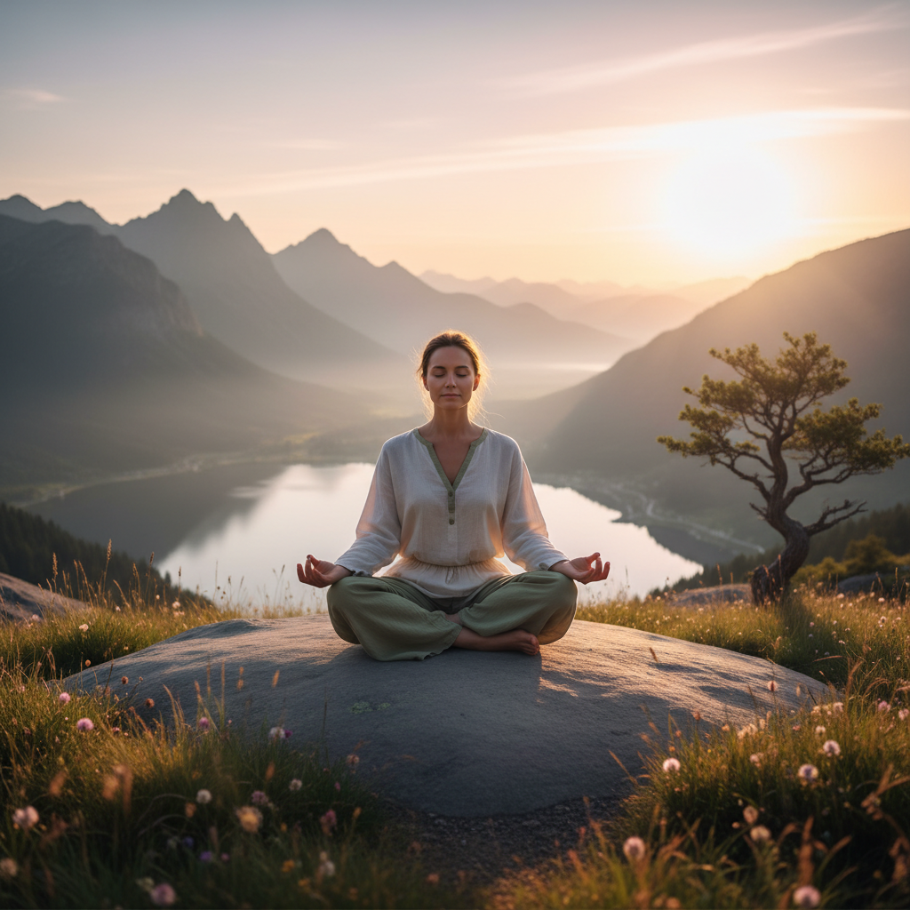 En bild av en person som mediterar lugnt utomhus, fokuserad på nuet.