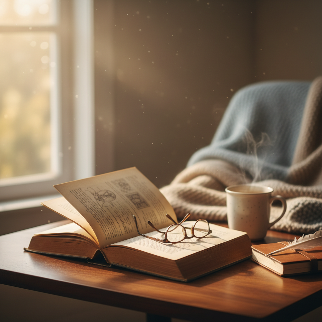 En bild på en öppen bok eller en tidskrift med mjukt ljus, som symboliserar lärande och reflektion.