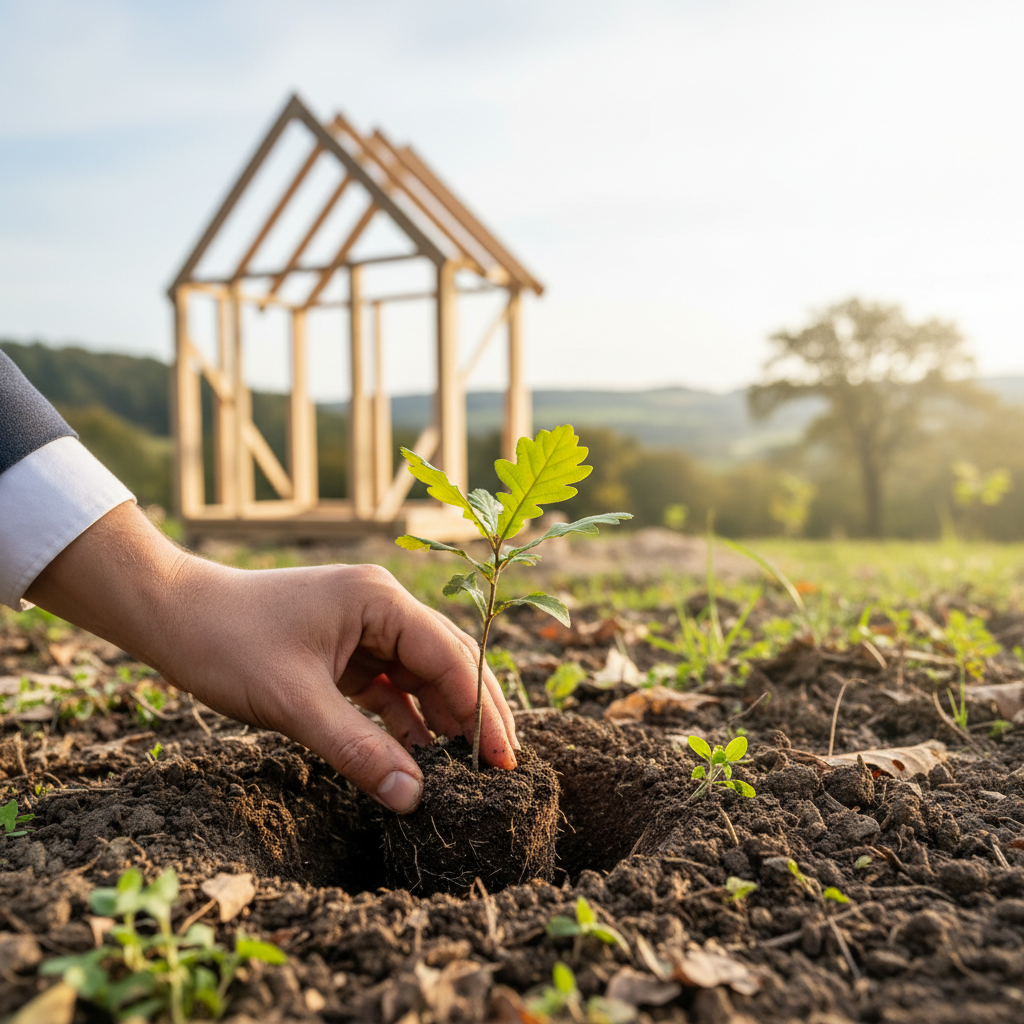 En bild på en hand som planterar ett litet träd, metaforiskt för att bygga något som växer över tid.