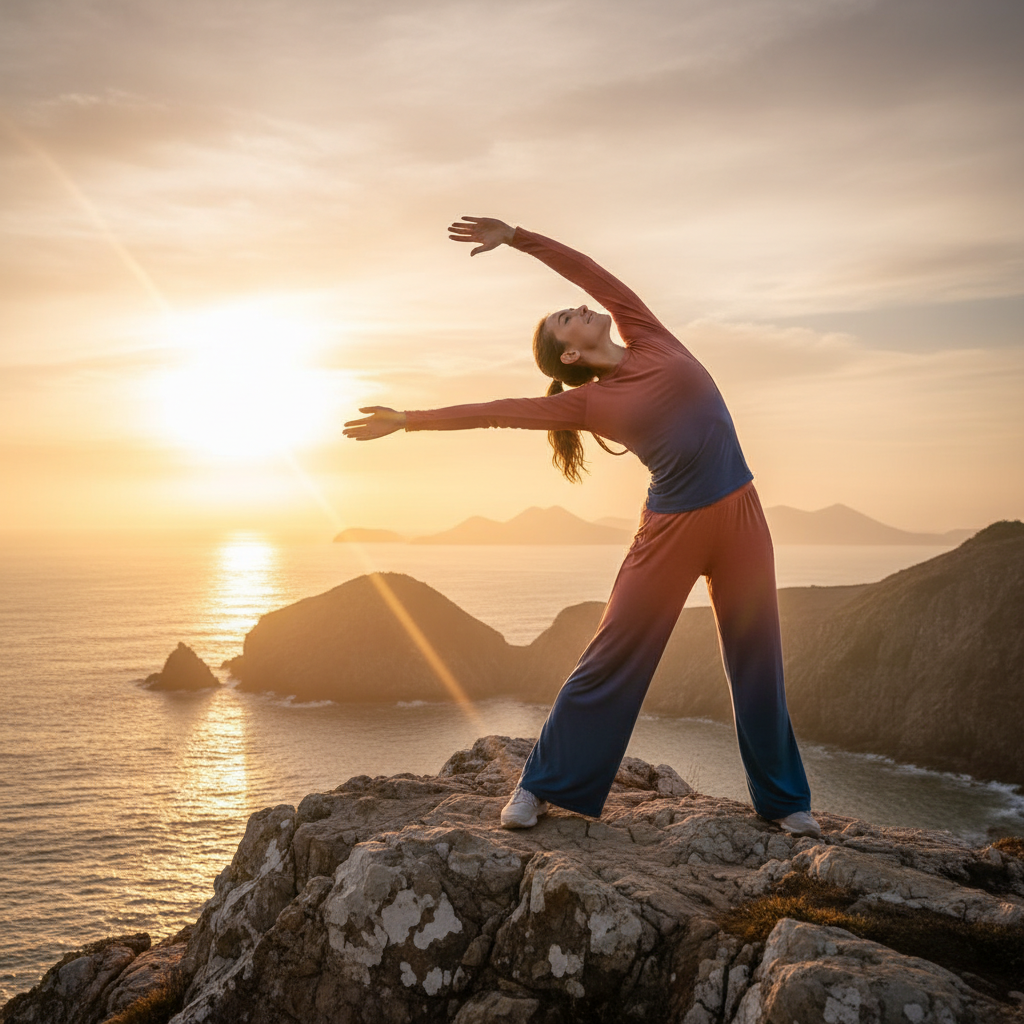 En person som sträcker ut sig vid soluppgången på en klippa med utsikt över havet, med fokus på rörelseglädje och harmoni.