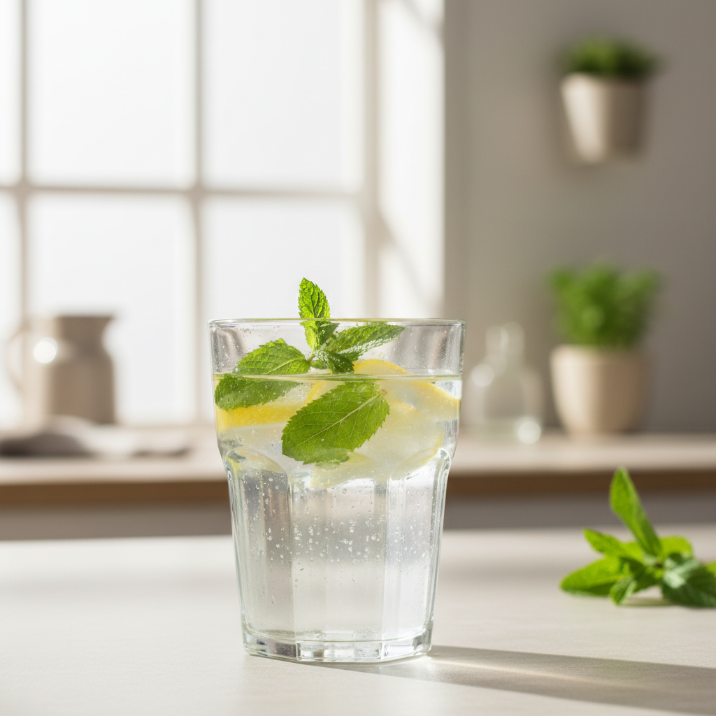 Ett glas vatten med citron och mynta, i mjukt dagsljus.